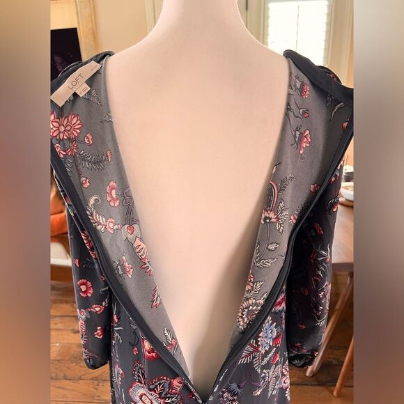 Floral Boho Shift Dress Gray Red Blue Long Sleeve Puff Sleeve Retro 4P Mini - Picture 7 of 8